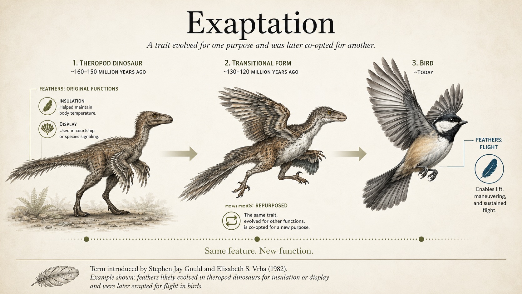 Illustration of exaptation showing feathers evolving in theropod dinosaurs for insulation or display and later being co-opted for flight in birds.