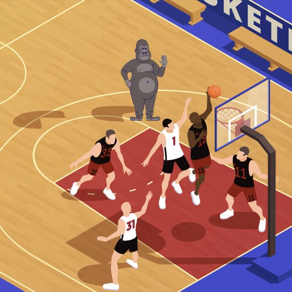 Illustration of the famous inattentional blindness experiment showing a basketball game in which a person in a gorilla suit walks through the scene unnoticed by many observers focused on counting passes.