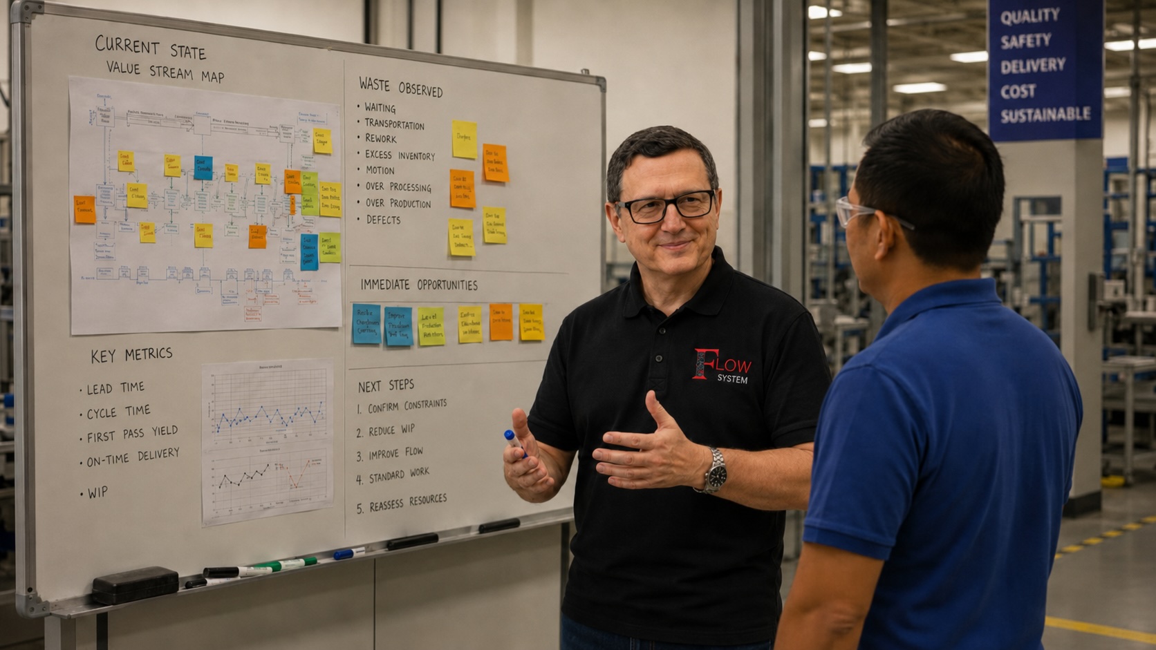 Nigel Thurlow discussing an operational assessment with a manufacturing leader beside a value stream map and improvement board.