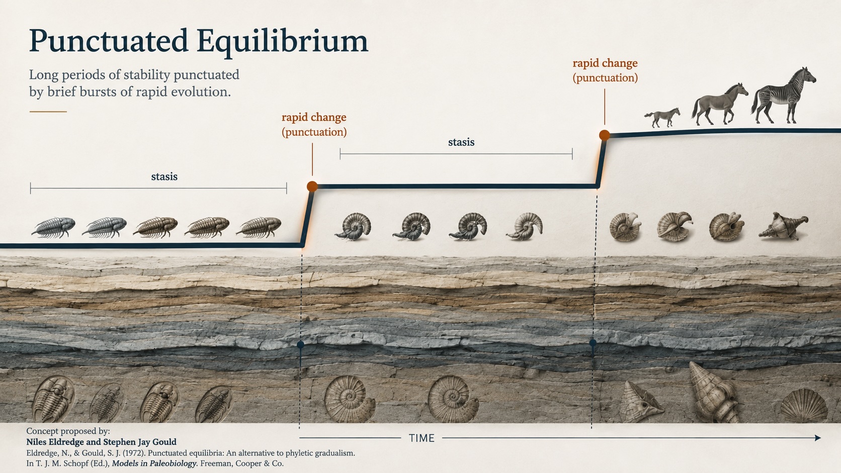 Diagram of punctuated equilibrium showing long periods of stasis interrupted by brief bursts of rapid evolutionary change.