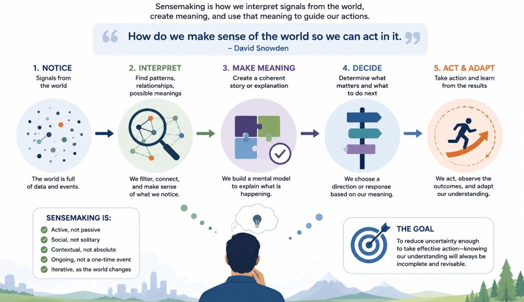 Vector infographic explaining sensemaking as the process of noticing signals, interpreting patterns, creating meaning, deciding what matters, and acting while adapting to the results.