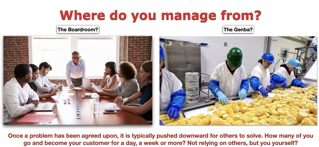 Comparison image contrasting leadership from the boardroom with leadership at the gemba, showing a corporate meeting alongside frontline workers in a food processing facility to illustrate the importance of observing work where value is created.