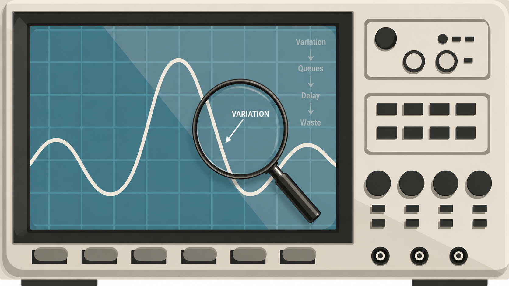 Oscilloscope illustration showing process variation leading to queues, delay and waste