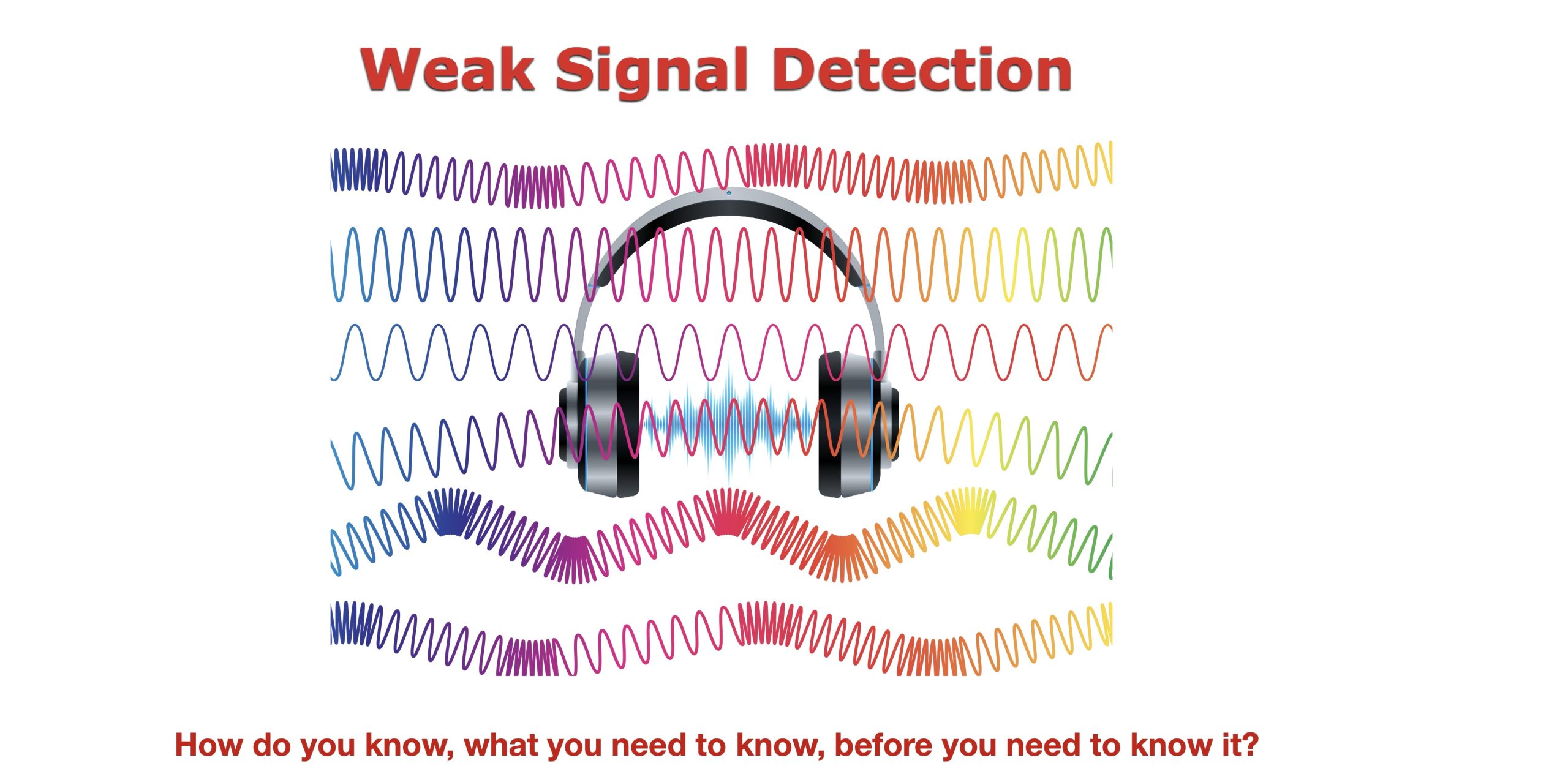 Conceptual illustration of weak signal detection showing headphones isolating subtle waveforms from multiple colored signals, symbolizing the ability to identify important early indicators hidden within background noise.
