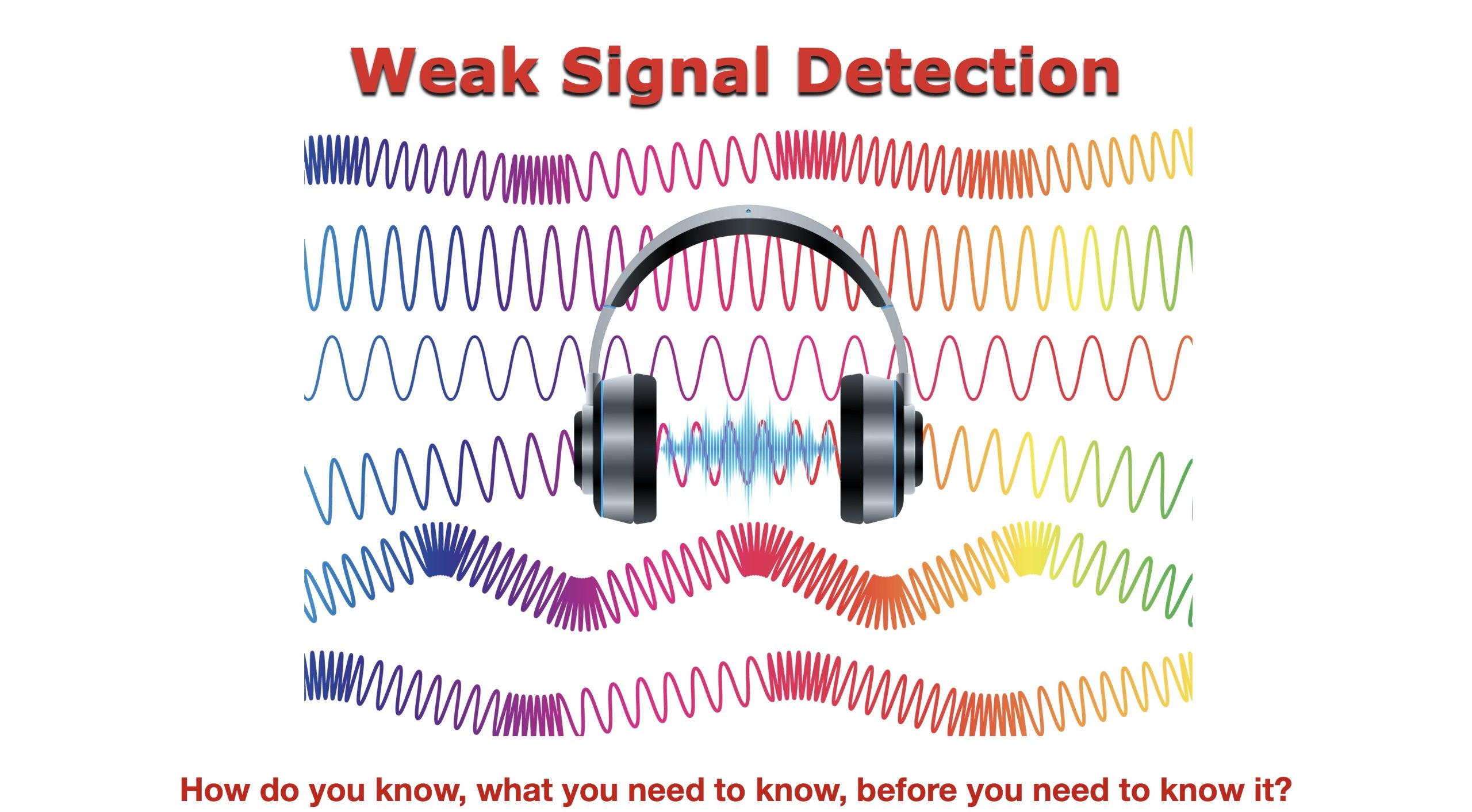 Illustration titled “Weak Signal Detection,” showing headphones surrounded by varied waveforms to represent identifying faint or emerging signals within noise.