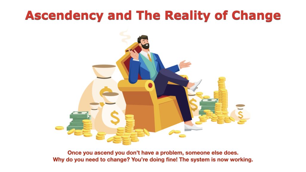 Illustration of a powerful executive surrounded by wealth, showing how gaining status and authority can reduce the perceived need for organizational change.