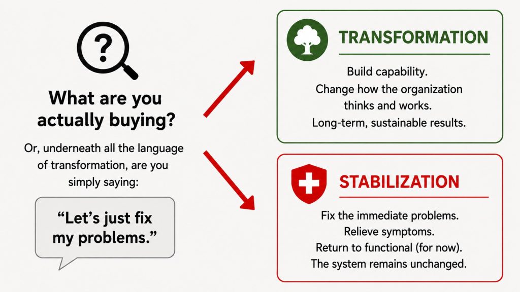 Infographic asking what an organization is actually buying and contrasting long-term transformation with short-term stabilization.