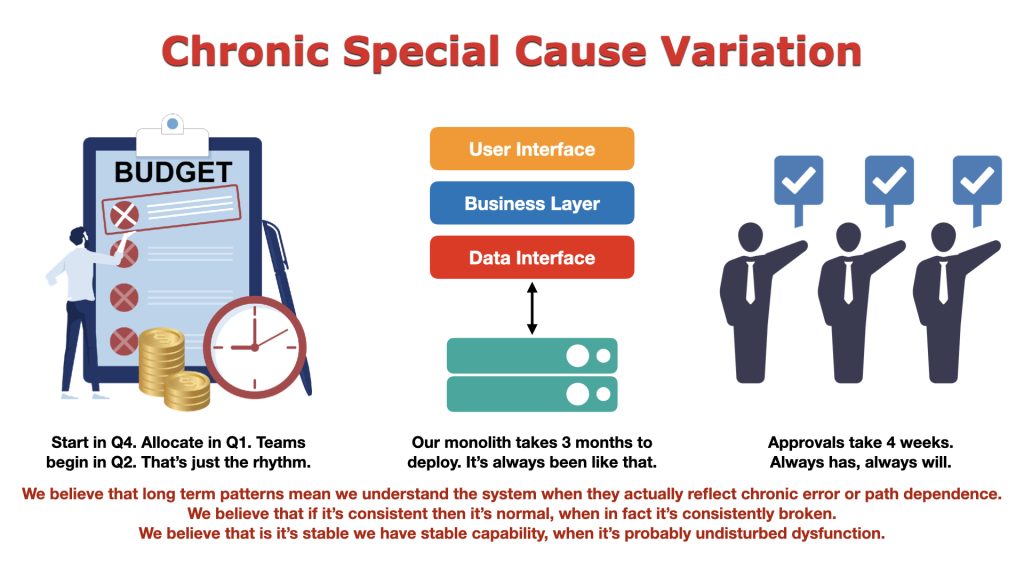 Vector infographic illustrating chronic special cause variation in organizations. The graphic uses examples including annual budgeting delays, slow monolithic software deployments and lengthy approval processes to show how persistent dysfunction becomes accepted as normal system behavior.