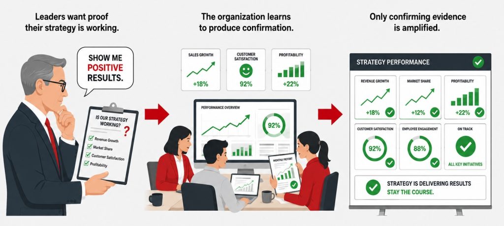 Infographic showing leaders seeking proof that their strategy is working, causing the organization to amplify confirming evidence and positive results.