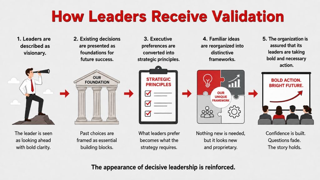 Infographic showing how leaders receive validation when their decisions and preferences are reframed as visionary strategy, distinctive frameworks and bold action.