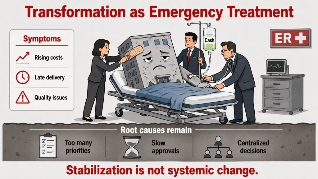 Illustration of a struggling organization being treated like an emergency patient while deeper causes such as excessive priorities, slow approvals and centralized decisions remain.