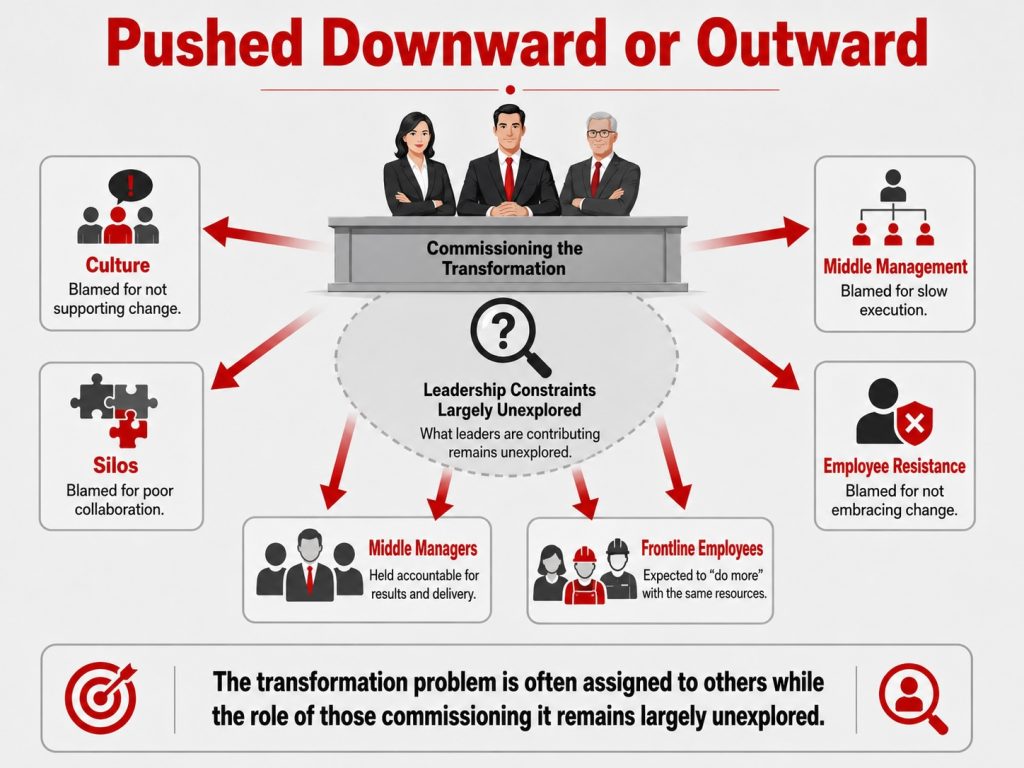 Infographic showing senior leaders pushing transformation problems downward or outward to culture, silos, middle management and frontline employees while leadership constraints remain unexplored.