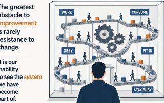 Flat vector illustration of a person observing a complex organizational system of conveyor belts and gears inside a transparent box, symbolizing the difficulty of seeing the systems we become part of.