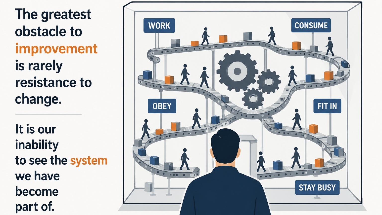 Flat vector illustration of a person observing a complex organizational system of conveyor belts and gears inside a transparent box, symbolizing the difficulty of seeing the systems we become part of.