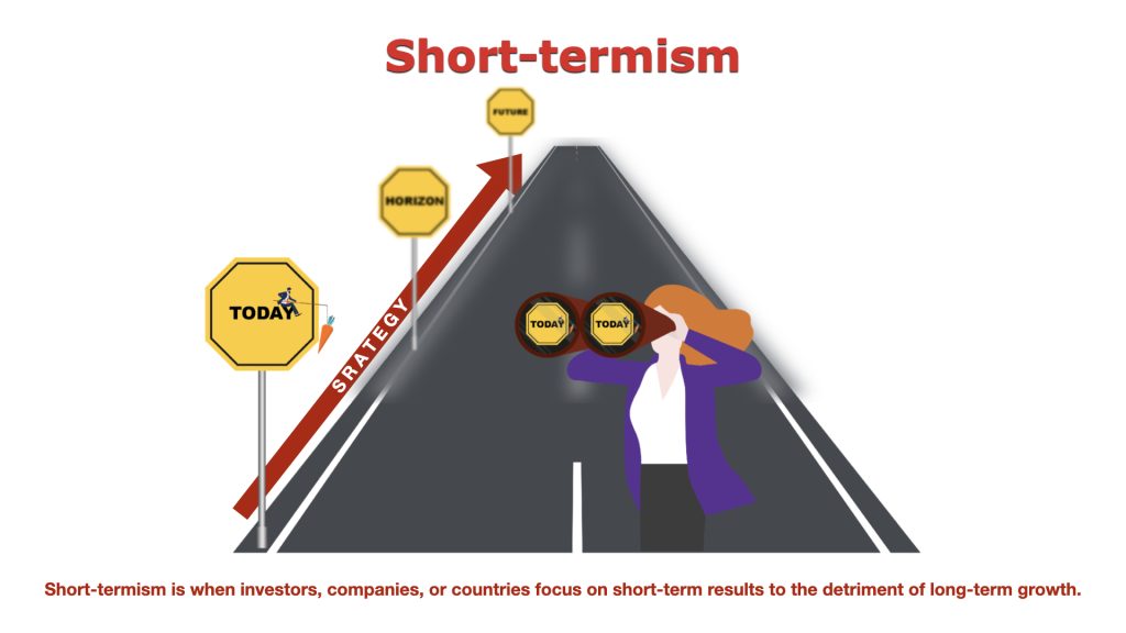 Illustration of short-termism showing a leader focused on today while strategy points toward the horizon and future.
