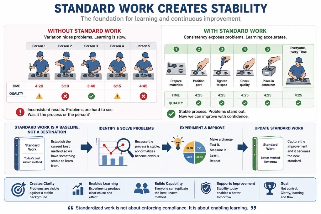 ector infographic illustrating standardized work in the Toyota Production System. The diagram compares inconsistent work methods with standardized work to show how a stable process reduces variation, exposes abnormalities and creates a baseline for continuous improvement through kaizen.