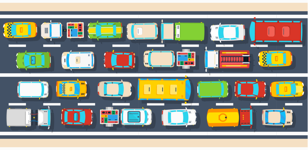 Top-down illustration of a traffic jam showing how high utilization creates congestion, queues and delays in knowledge work.