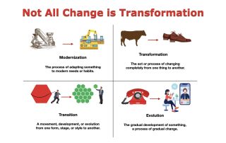 Infographic comparing modernization, transformation, transition and evolution, showing how each represents a different form of organizational change.