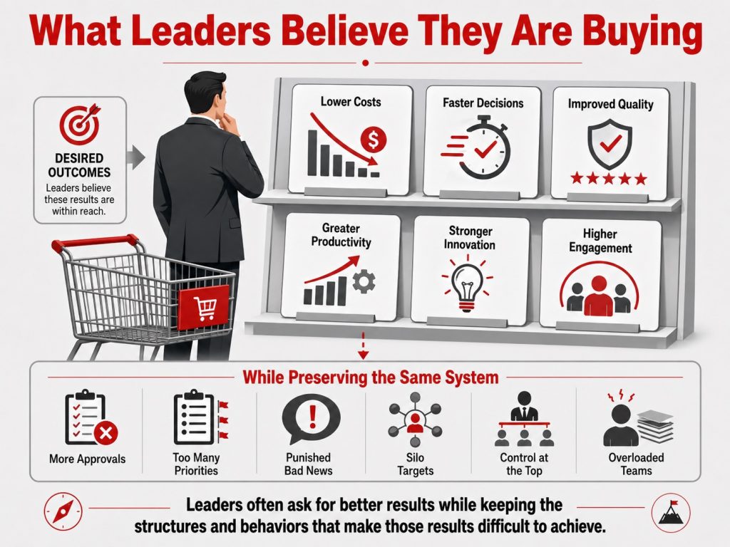 Infographic showing a leader shopping for lower costs, faster decisions, improved quality, productivity, innovation and engagement while preserving the same organizational system.
