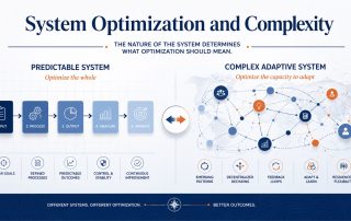 Infographic comparing a predictable system, where the whole can be optimized, with a complex adaptive system, where the focus shifts to optimizing the capacity to adapt.