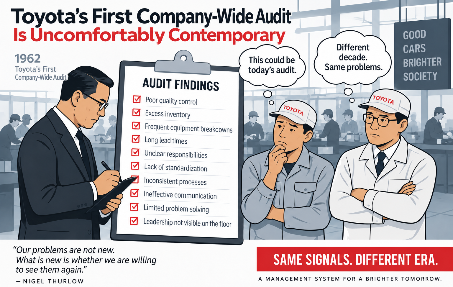 Vector infographic showing Toyota’s first company-wide audit in 1962, highlighting management, communication, standardization, problem solving, and leadership issues that still feel relevant today.