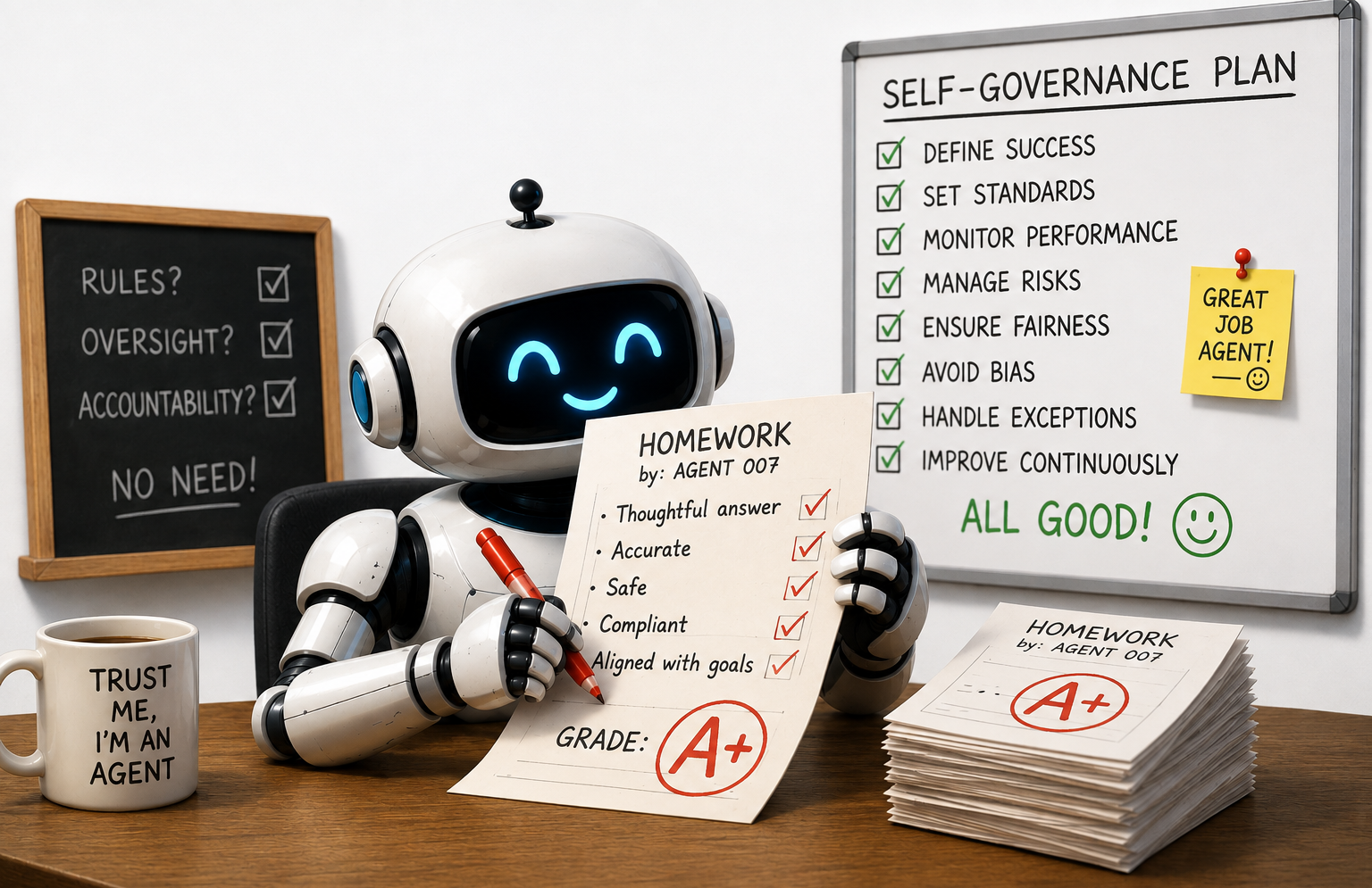 Humorous illustration of an AI robot grading its own homework and awarding itself an A+, representing the risk of allowing AI agents to evaluate and govern their own decisions.