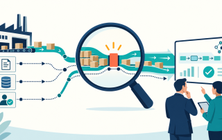 Illustration of AI value stream mapping, showing connected workflows, a highlighted bottleneck, and leaders reviewing a dashboard.