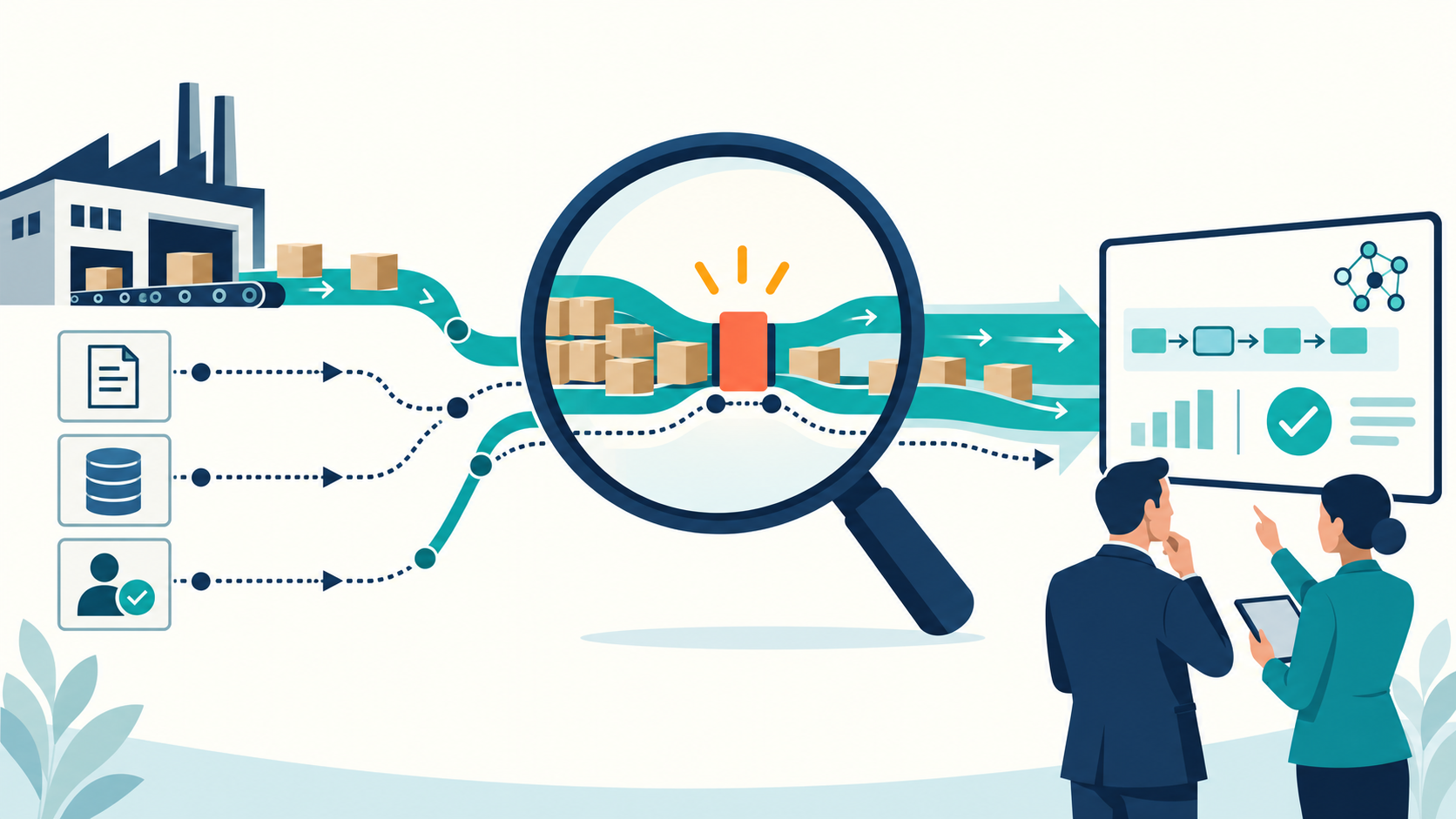 Illustration of AI value stream mapping, showing connected workflows, a highlighted bottleneck, and leaders reviewing a dashboard.