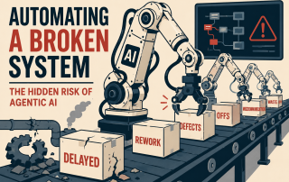 AI robotic arms automate a broken production system, generating delays, rework, defects, miscommunication and waste.