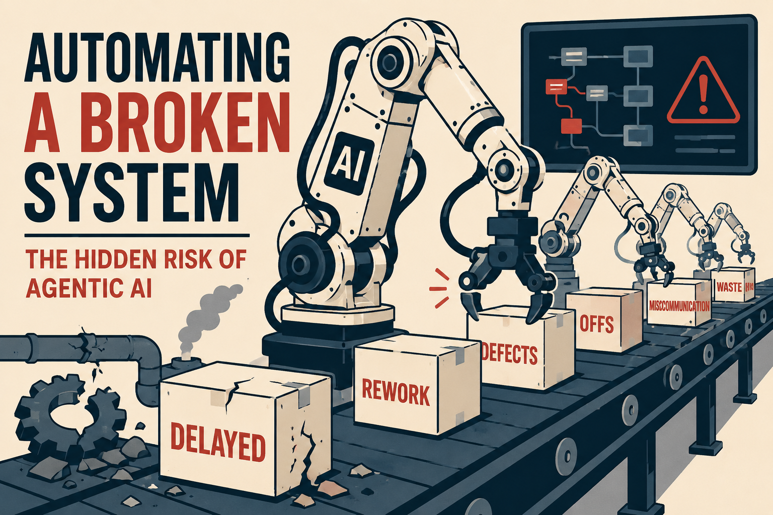 AI robotic arms automate a broken production system, generating delays, rework, defects, miscommunication and waste.