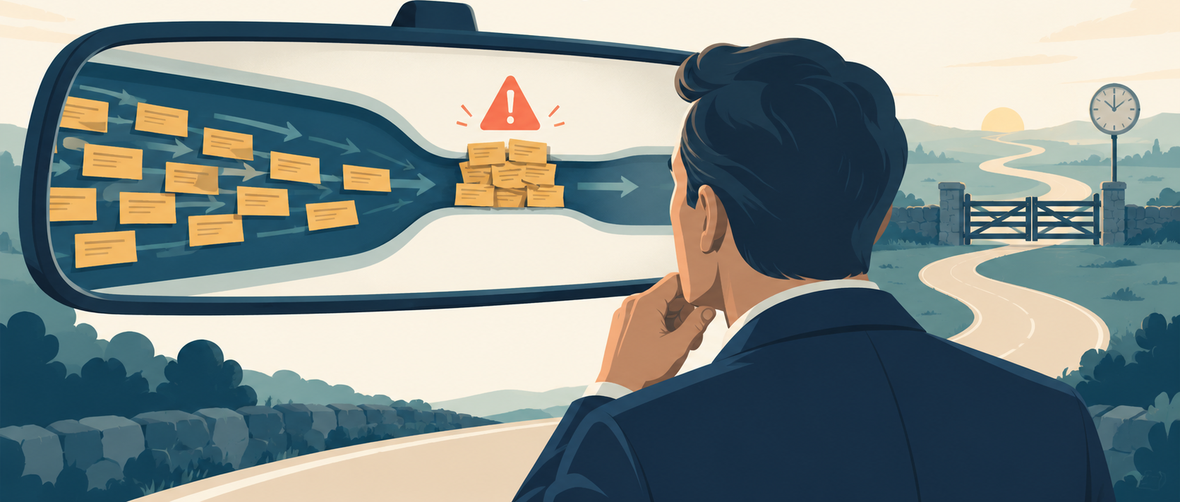 Leader studies a workflow bottleneck in a rearview mirror beneath the words “Hindsight is cruel, and not always that useful.”