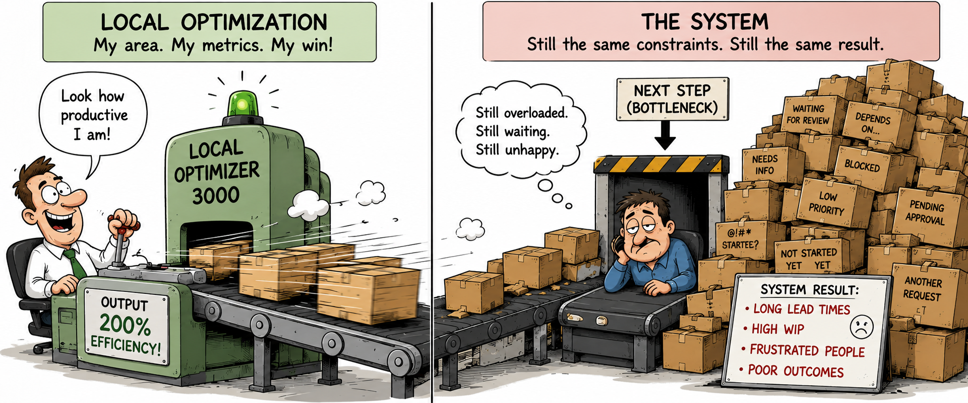 Cartoon contrasting a highly efficient local process with an overloaded downstream bottleneck, showing how local optimization creates high WIP and poor system performance.