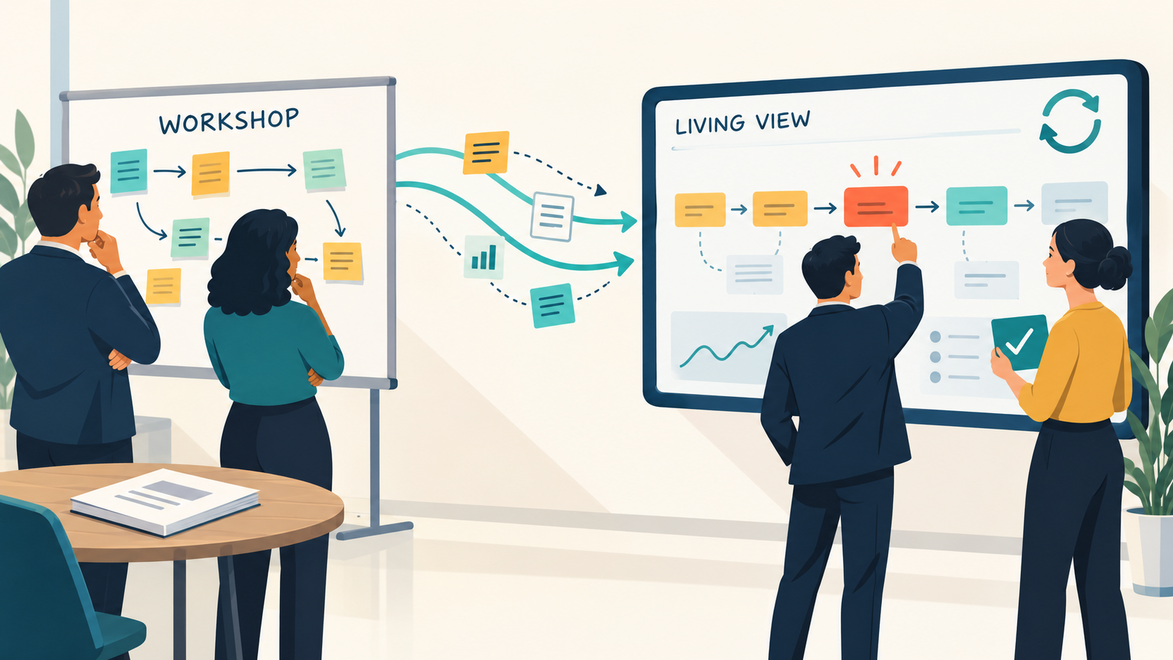 Vector illustration of a workshop flow map connected to a regularly updated digital dashboard, where leaders examine a highlighted bottleneck.