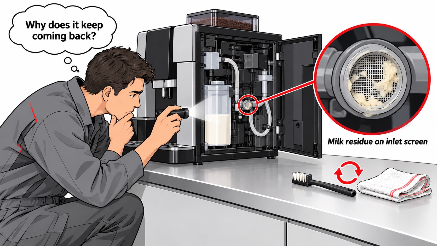 Technician inspecting a coffee machine’s milk inlet screen, with a magnified view of residue blocking the mesh and a thought bubble asking why it keeps returning.
