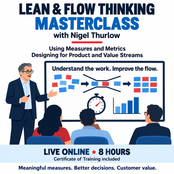 Lean and Flow Thinking masterclass illustration showing an instructor and participants examining work flow, a bottleneck, timing, and measurement.