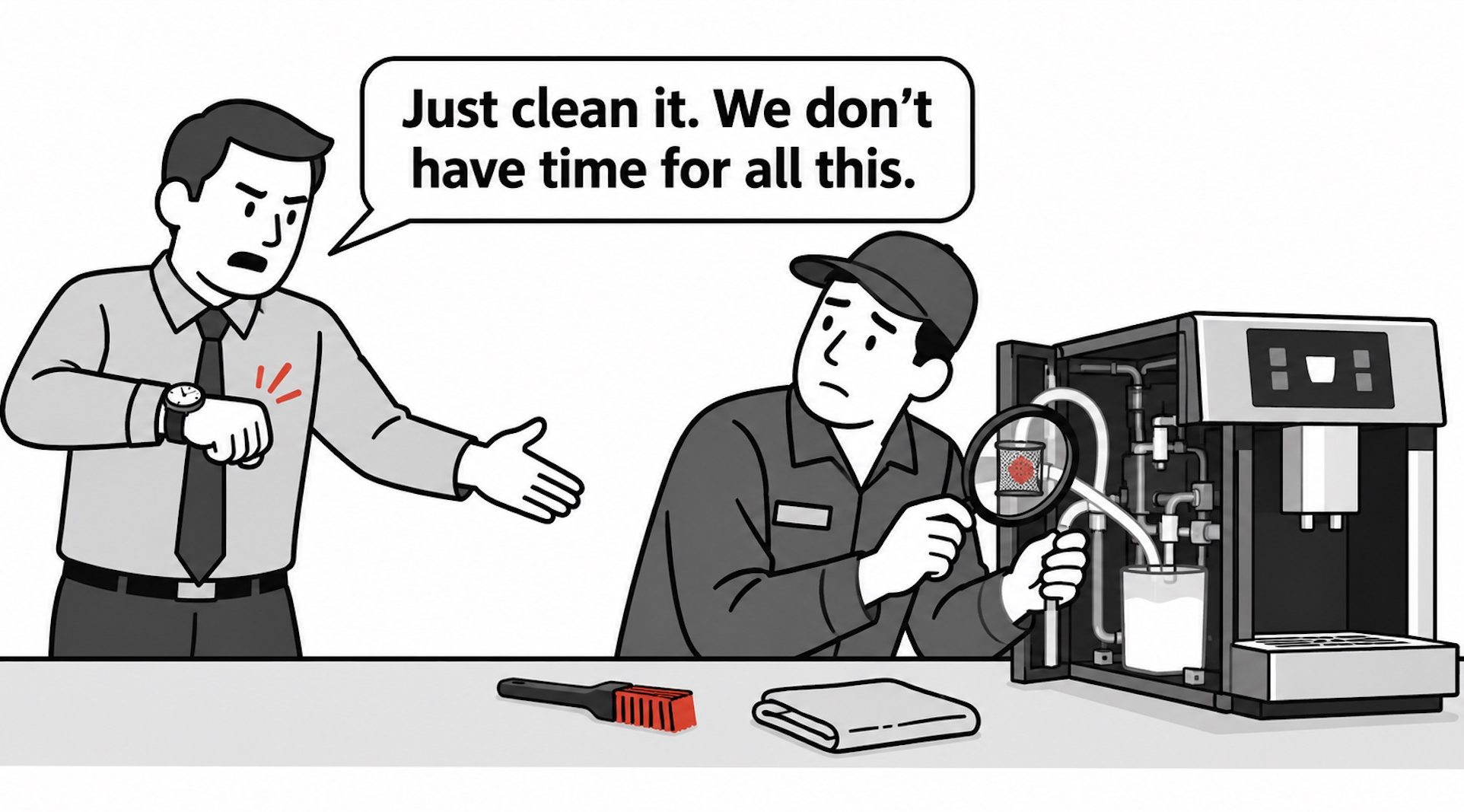 Manager interrupts a technician inspecting a coffee machine, saying, “Just clean it. We don’t have time for all this.”